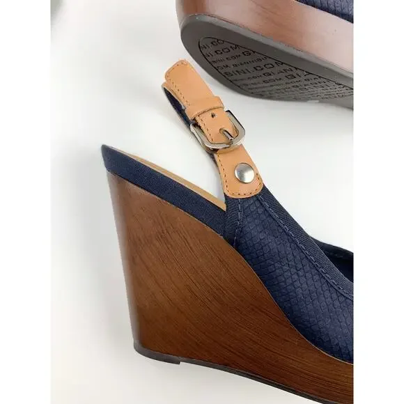 Gianni Bini Platform Wedge Heel Sandals Blue Tan Peep Toe Slingback Women's 8.5 - Picture 8 of 10